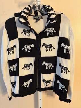 Women Vtg. Terazzo Zebra Beaded Sweater Cardigan M Embellishment Black Cream Y2k